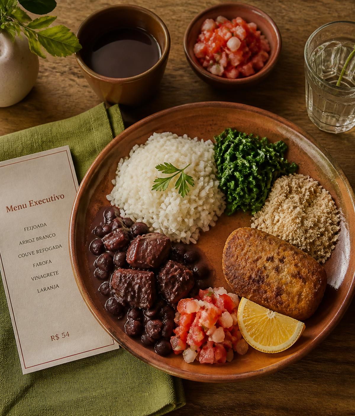 Prato executivo com arroz, feijão, carne e farofa servido em louça de barro no Maria Café & Bistrô