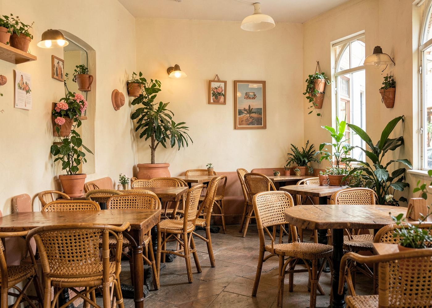 Salão do Maria Café & Bistrô com mesas de madeira, cadeiras de palhinha e plantas