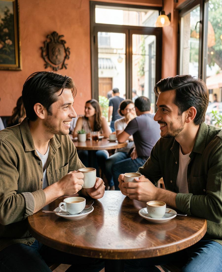 Duas pessoas conversando com cafés na mesa do bistrô